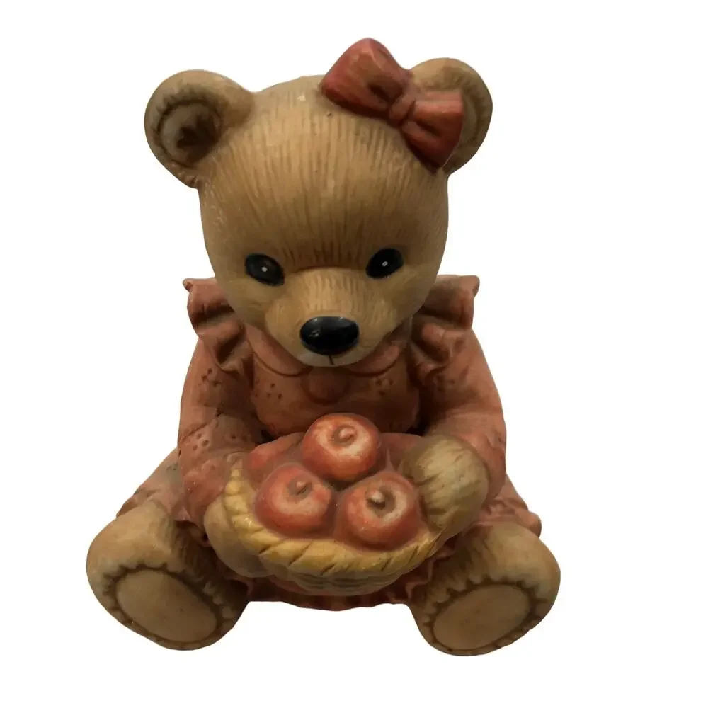Teddy Bear With Basket Of Apples Figurine by Homco Girl #1425 Porcelain Vintage